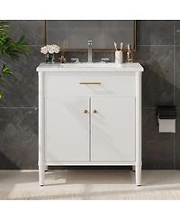 Sillysis 31 Inch Modern Freestanding Bathroom Vanity with Ceramic Sink, Mdf Cabinet, Soft Close Doors, Solid Wood Legs