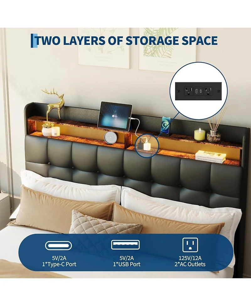 gaomon Queen Size Bed Frame with 2 Storage Drawers, Upholstered Bed Frame Queen with Led Light