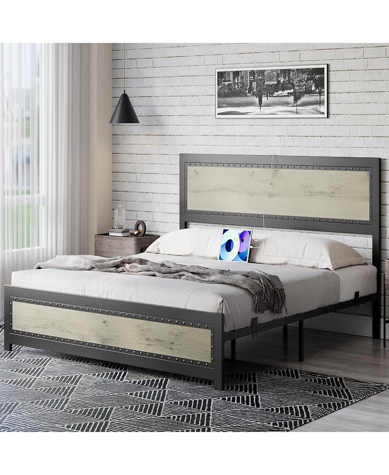gaomon Bed Frame with Wood Rivet Headboard and Footboard, Industrial Platform Bed Frame Full Size with Charge Station, No Box Spring Needed