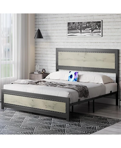gaomon Bed Frame with Wood Rivet Headboard and Footboard, Industrial Platform Bed Frame Full Size with Charge Station, No Box Spring Needed