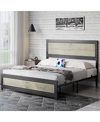 gaomon Bed Frame with Wood Rivet Headboard and Footboard, Industrial Platform Bed Frame Full Size with Charge Station, No Box Spring Needed