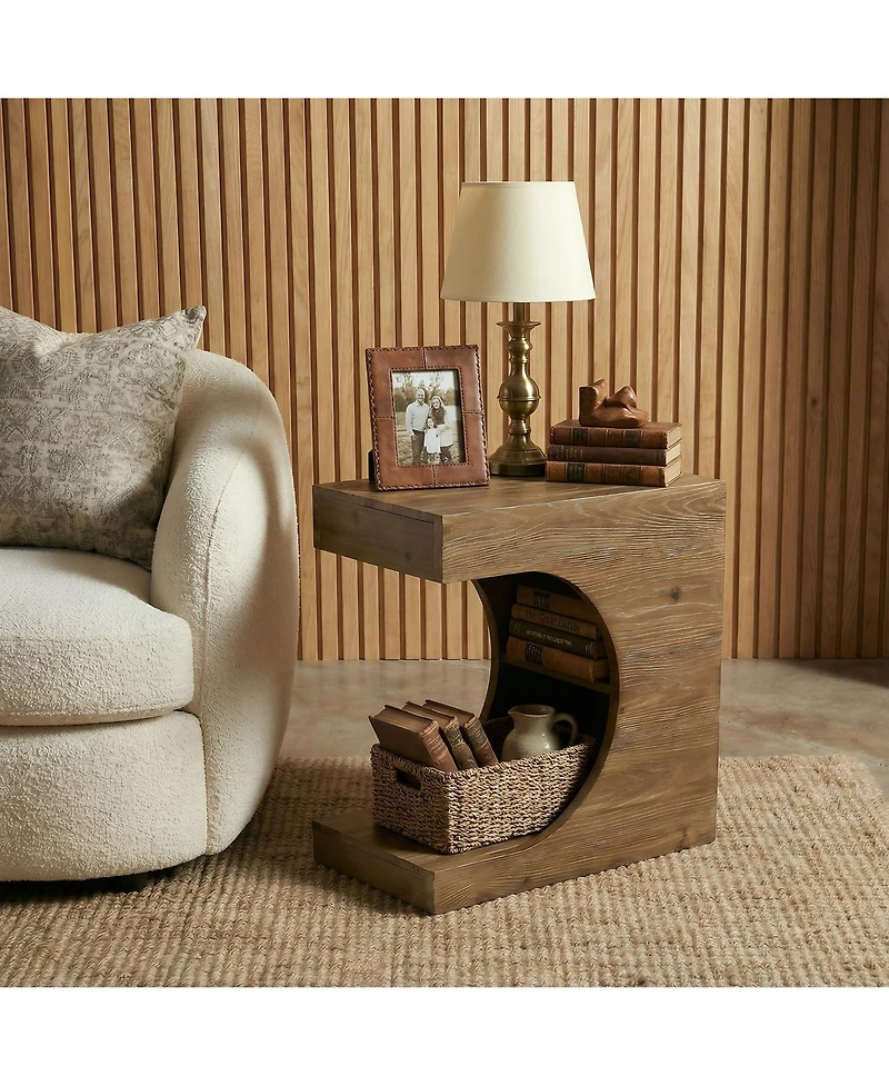 Tribesigns C-Shaped Solid Wood End Table, Farmhouse Side Table with Shelves, 2-Tier Nightstand