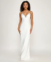 Seni & Cade Women's Rhinestone Trim Long V-Neck Slip Dress