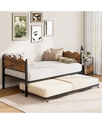 gaomon Daybed with Trundle, Metal Frame with Wavy Wood Grain Headboard and Lockable Casters