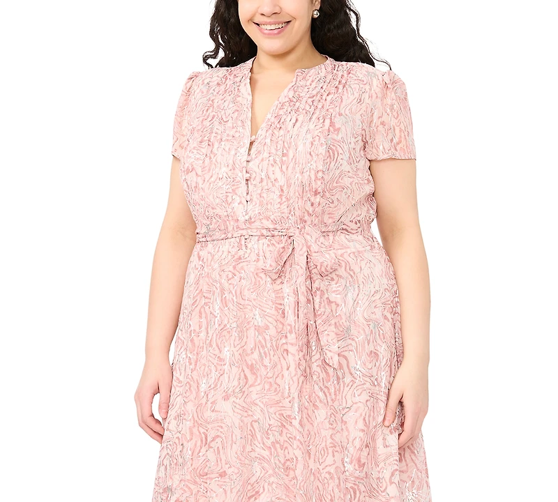 Msk Plus Belted Short-Sleeve Split Crewneck Dress