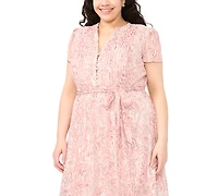 Msk Plus Belted Short-Sleeve Split Crewneck Dress