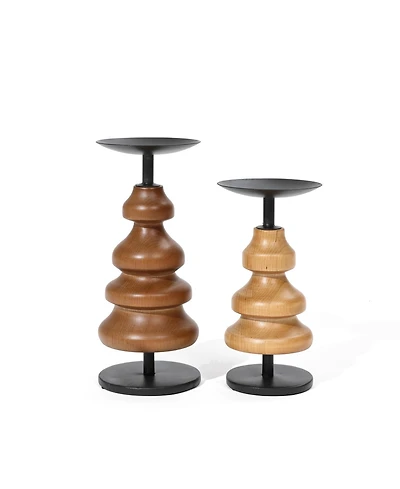 LuxenHome 2-Piece Birch Wood with Metal Pillar Candle Holder Set