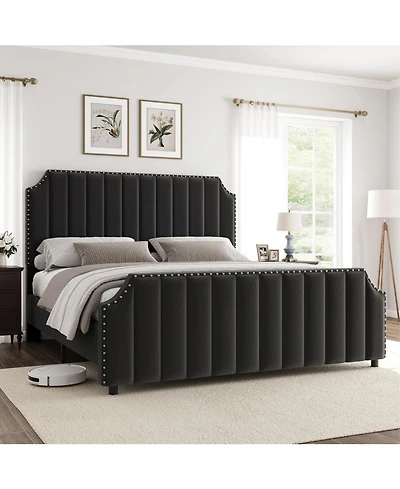 gaomon Platform Bed Frame with 50.2" Headboard, Velvet Upholstered Queen Vertical Channel Tufted Headboard & Footboard.