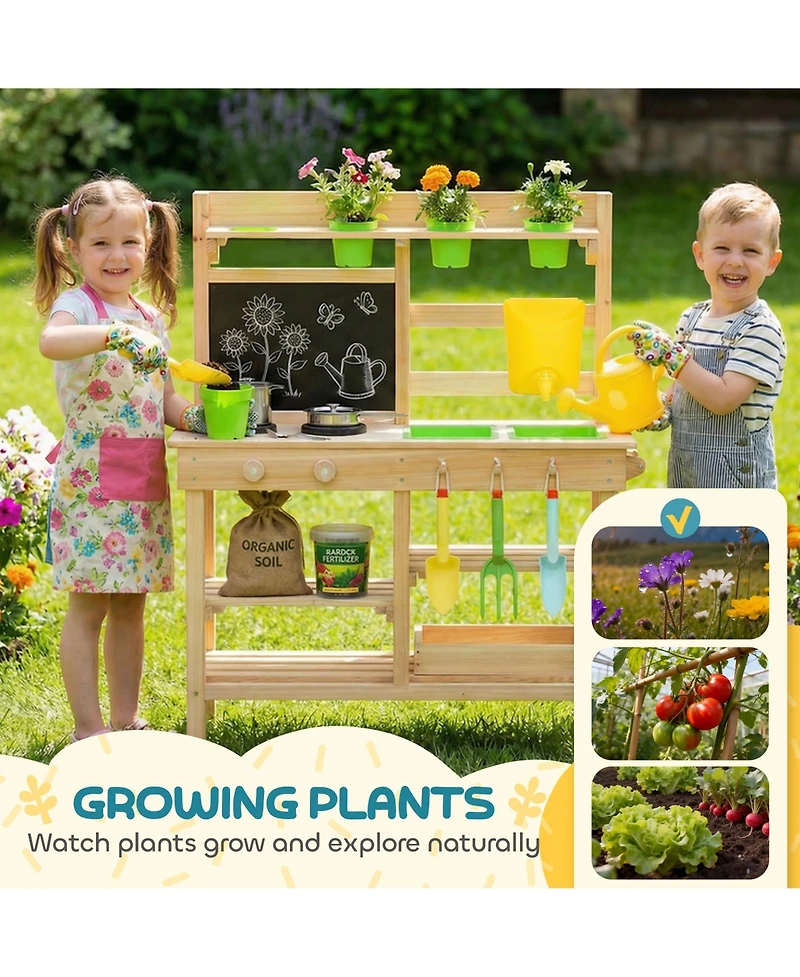 Qaba Wooden Kids Mud Kitchen with Kitchenware and Garden Tools