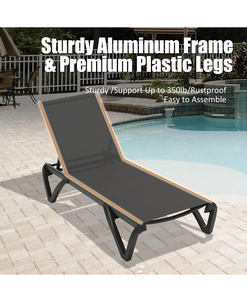 Clihome Lounge Chairs Set, Aluminum Adjustable Outdoor Chaise with Wheels, 2 Poolside Chairs,1 Side Table, Textilene