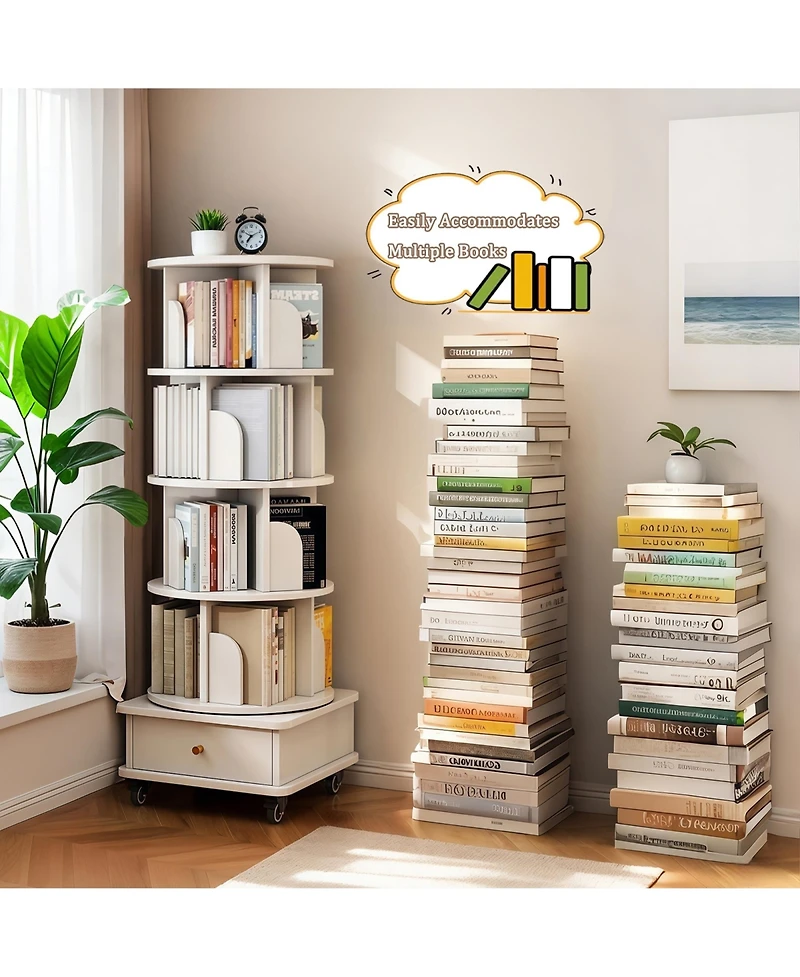 Rainsken Tier Rotating Bookshelf with Drawers On Wheel, 360° Display Spinning Corner Bookcase