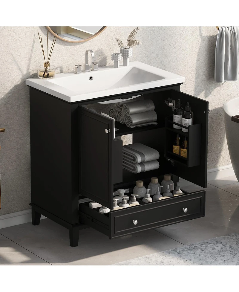 Sillysis 30 Bathroom Vanity with Ceramic Sink, Solid Wood Frame, Multi-Functional Cabinet & Drawer Storage for Modern Bathrooms