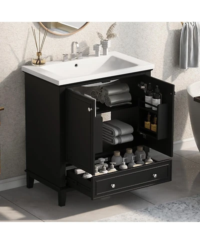 Sillysis 30 Bathroom Vanity with Ceramic Sink, Solid Wood Frame, Multi-Functional Cabinet & Drawer Storage for Modern Bathrooms