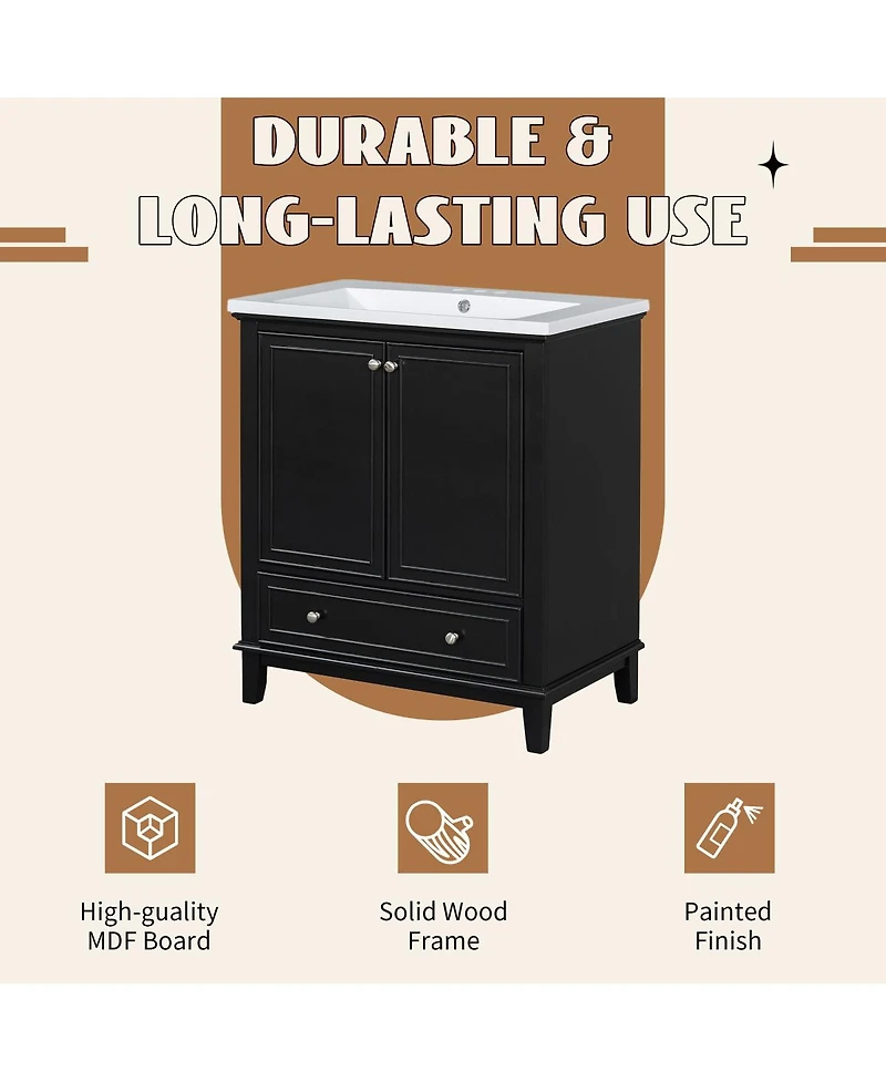 Sillysis 30 Bathroom Vanity with Ceramic Sink, Solid Wood Frame, Multi-Functional Cabinet & Drawer Storage for Modern Bathrooms