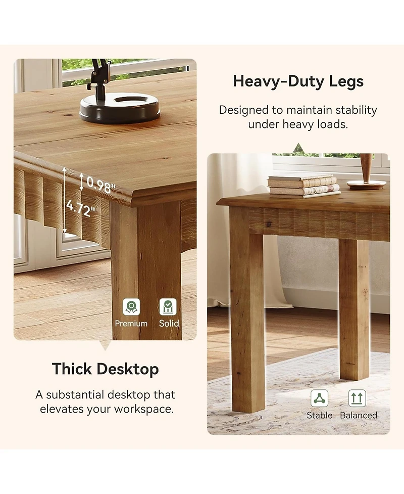 Tribesigns 63-Inch Computer Desk, Solid Wood Home Office Desk with Sturdy Wooden Legs, Rustic Large Computer Office Table for Writing, Reading, Study