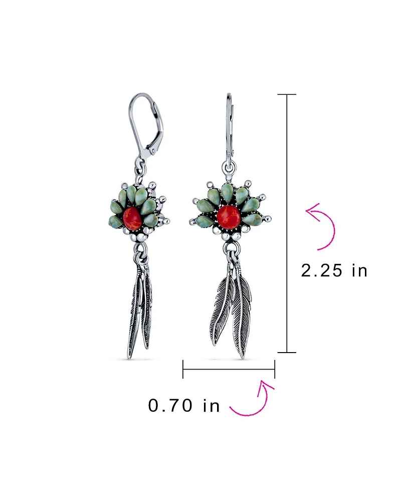 Bling Jewelry Western Style Squash Blossom Turquoise & Coral Feather Dangle Earrings .925 Sterling Silver