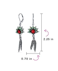 Bling Jewelry Western Style Squash Blossom Turquoise & Coral Feather Dangle Earrings .925 Sterling Silver