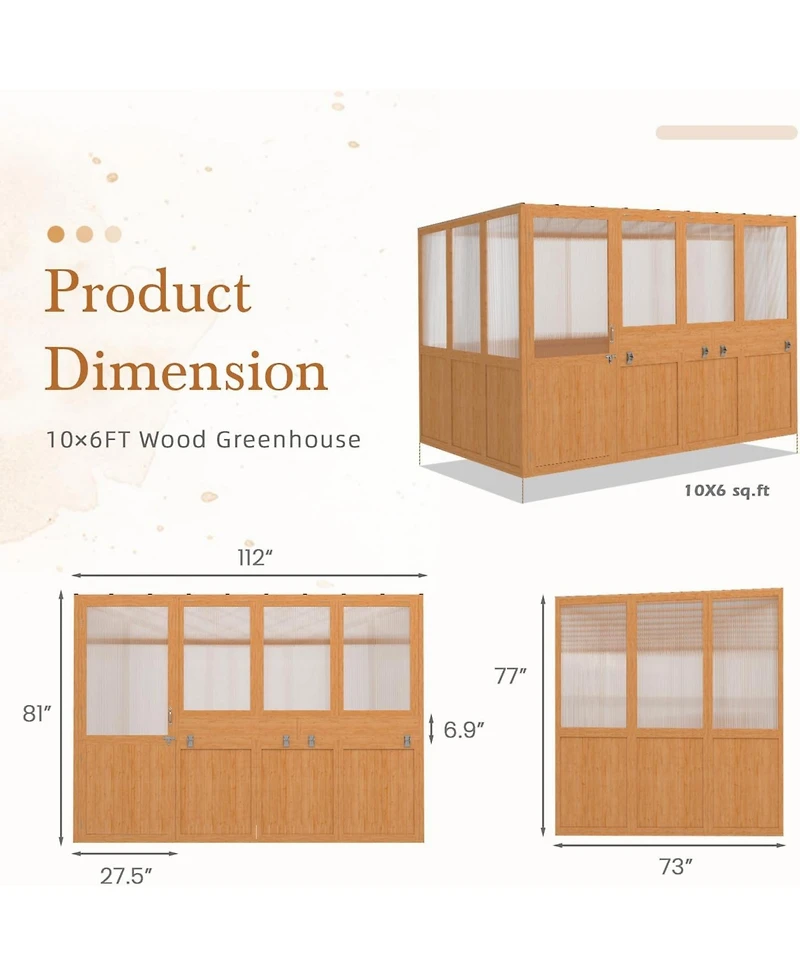 Aecojoy 6x10 Ft Wood Greenhouse for Outdoors, Heavy Duty Lean-to Walk-in Greenhouse with Polycarbonate Panels