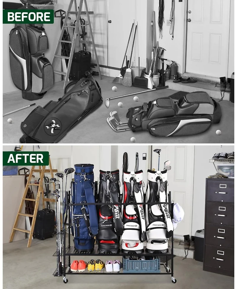 Heavy-Duty 4-Bag Golf Stand with Accessory Storage & Club Rack for Garage, Golf Club, Basement