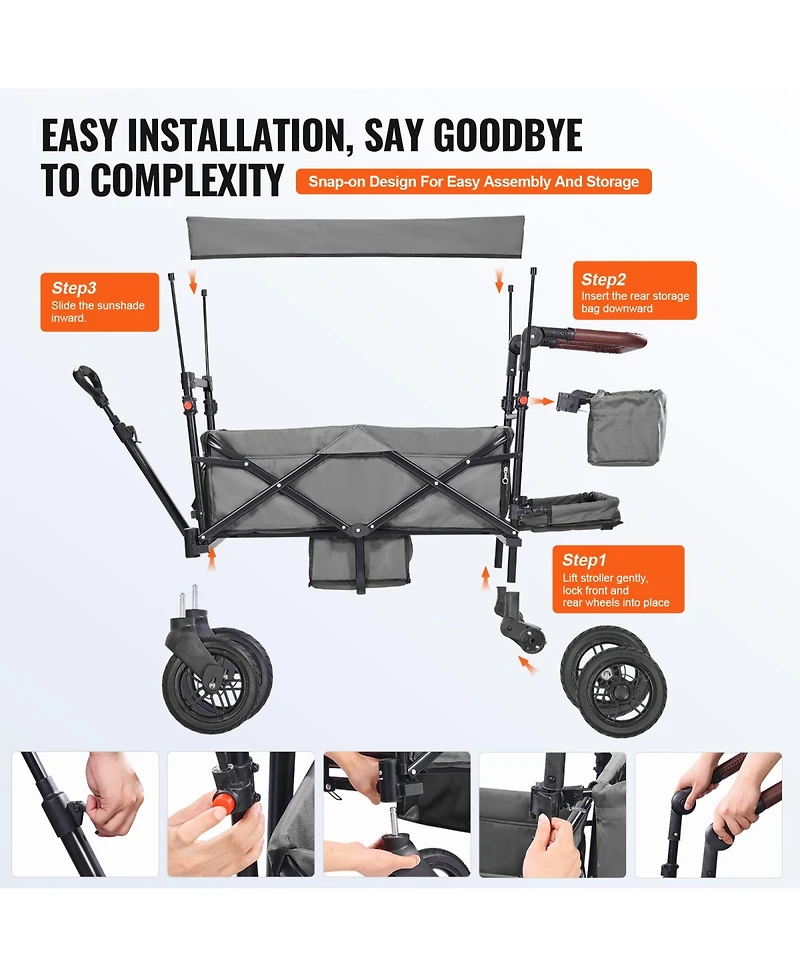 Rainsken Wagon Stroller for 2 Kids, Push Pull Quad Collapsible Stroller with Adjustable Handle, Encircling Harness and Removable Canopy for Camping