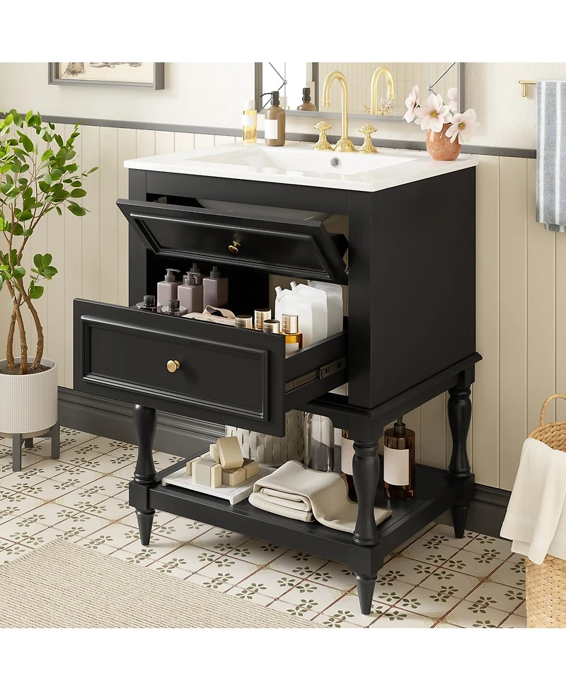 Sillysis 24.4" Retro Freestanding Bathroom Vanity with Sink, Bathroom Storage Cabinet with Open Shelf & Ample Storage Drawers