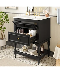 Sillysis 24.4" Retro Freestanding Bathroom Vanity with Sink, Bathroom Storage Cabinet with Open Shelf & Ample Storage Drawers