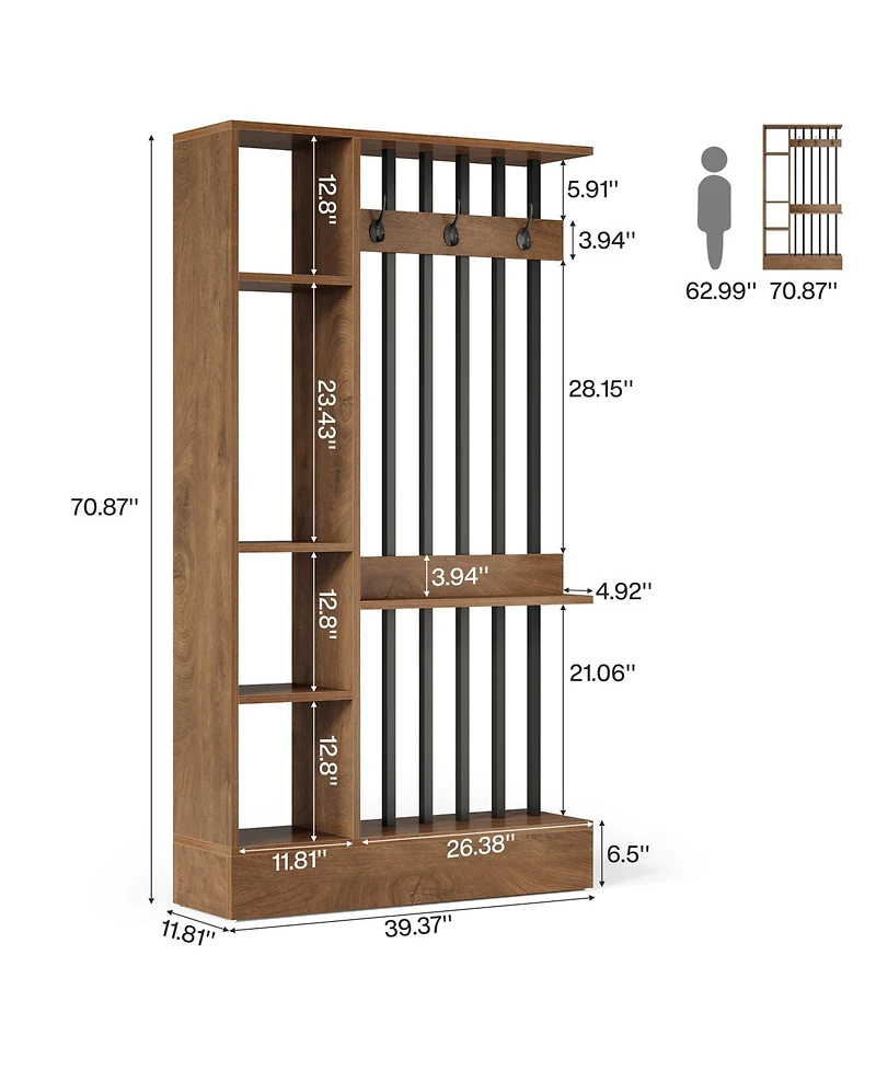 Tribesigns 71" Wall Room Divider with Shelves & Coat Hooks, Wood Freestanding Room Divider Bookcase for Home & Office Decorative.