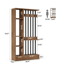 Tribesigns 71" Wall Room Divider with Shelves & Coat Hooks, Wood Freestanding Room Divider Bookcase for Home & Office Decorative.