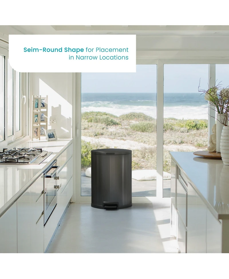 Home Zone Living 12 Gallon Semi-Round Stainless Steel Kitchen Trash Can with Step Pedal and Soft Close Lid