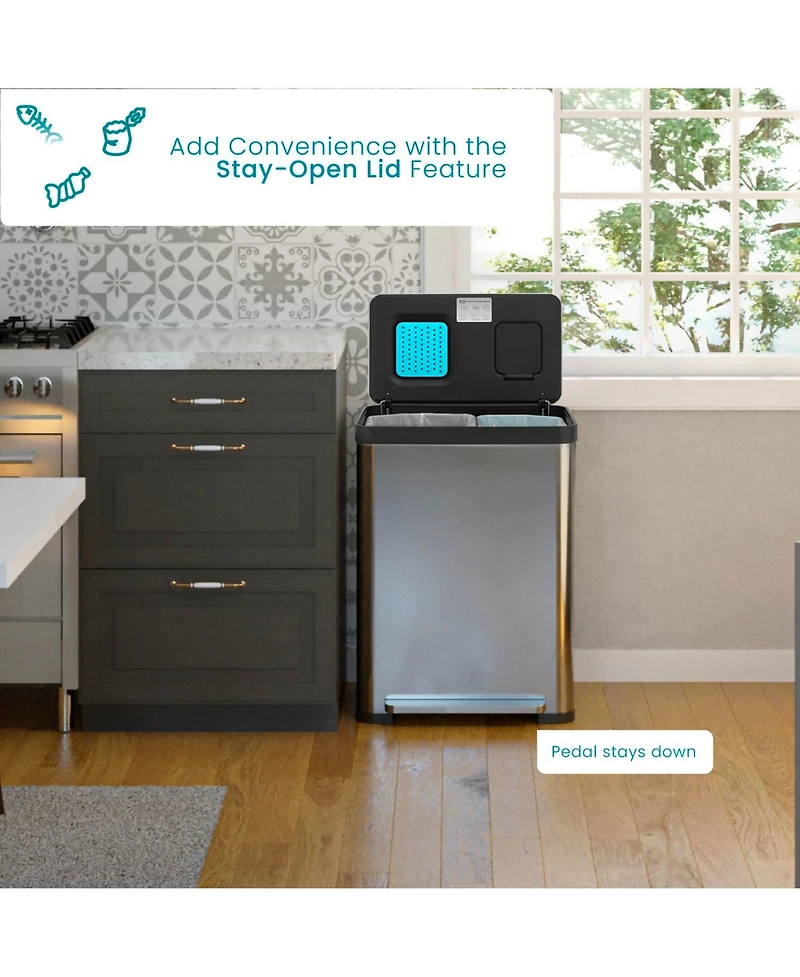 Home Zone Living 19 Gallon Stainless Steel Dual Trash and Recycling Can with CleanAura Odor Control and Soft Close Lid