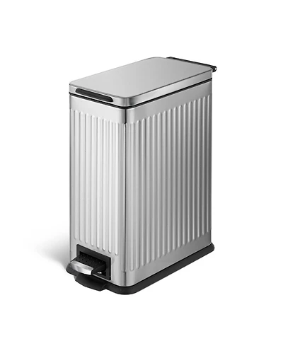 Home Zone Living 4 Gallon Slim Stainless Steel Kitchen Trash Can with Reeded Pattern, Step Pedal and Soft Close Lid