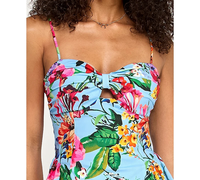 Emerald Sundae Women's Printed Twist-Front Soft Structured Sweetheart Neck Mini Dress