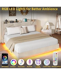gaomon King Floating Bed Frame Led Lights Usb Charging Upholstered Storage Headboard Metal Slats No Box Spring