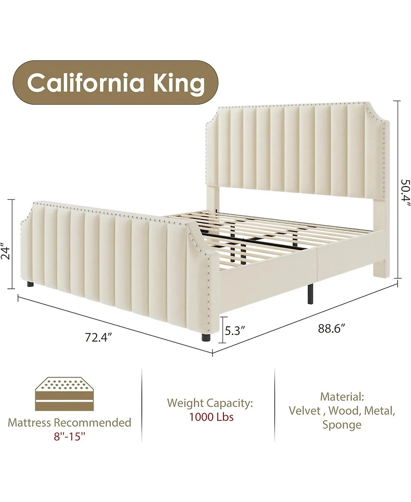 gaomon California King Platform Bed Frame Velvet Upholstered Tall Headboard Footboard Nailhead Trim No Box Spring Cream