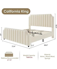 gaomon California King Platform Bed Frame Velvet Upholstered Tall Headboard Footboard Nailhead Trim No Box Spring Cream