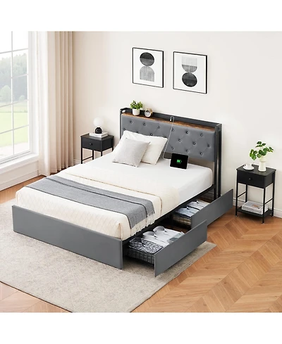 gaomon Upholstered Platform Bed Frame Storage Headboard 4 Drawers Charging Station No Box Spring Noise-Free Easy Assembly