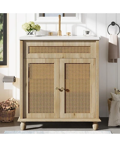 Sillysis Natural Bathroom Vanity with Resin Sink, Freestanding Cabinet with Rattan Doors & Soft Close for Modern Storage