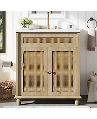 Sillysis Natural Bathroom Vanity with Resin Sink, Freestanding Cabinet with Rattan Doors & Soft Close for Modern Storage