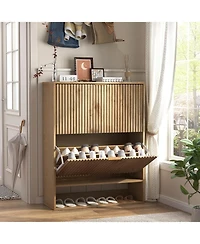 gaomon 31.5''W Slim Fluted Shoe Cabinet for Entryway Freestanding Narrow Shoe Storage with 2 Flip Drawers Open Bottom Shelf and Side Hooks for Foyer