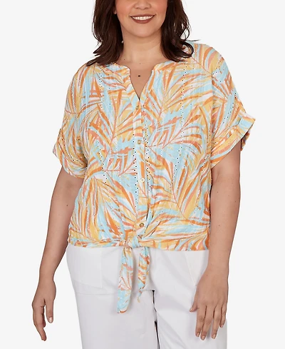Hearts Of Palm Plus Printed Eyelet Gauze V-neck Top with Tie-Front