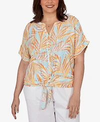 Hearts Of Palm Plus Printed Eyelet Gauze V-neck Top with Tie-Front