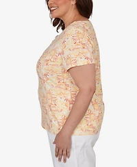 Hearts Of Palm Plus Printed Stretch Jersey Short-Sleeve Bead Neck Top