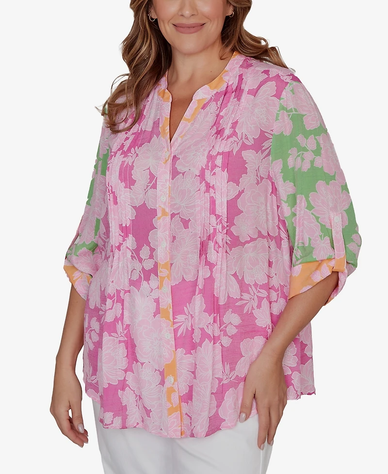 Ruby Rd. Plus Color Block Floral Pintuck Gauze Top