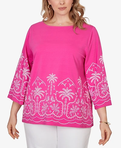 Ruby Rd. Plus Palm Tree Embroidered Knit Top