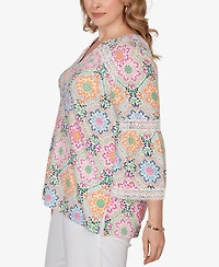 Ruby Rd. Plus Medallion Print Lace Detail Knit Top