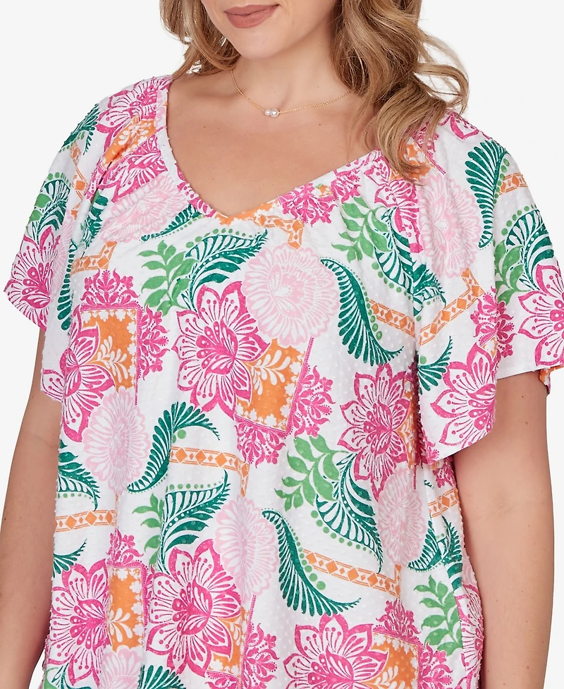 Ruby Rd. Plus Tropical Floral Eyelet Flutter Sleeve Top