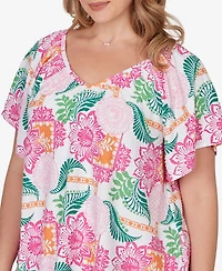 Ruby Rd. Plus Tropical Floral Eyelet Flutter Sleeve Top