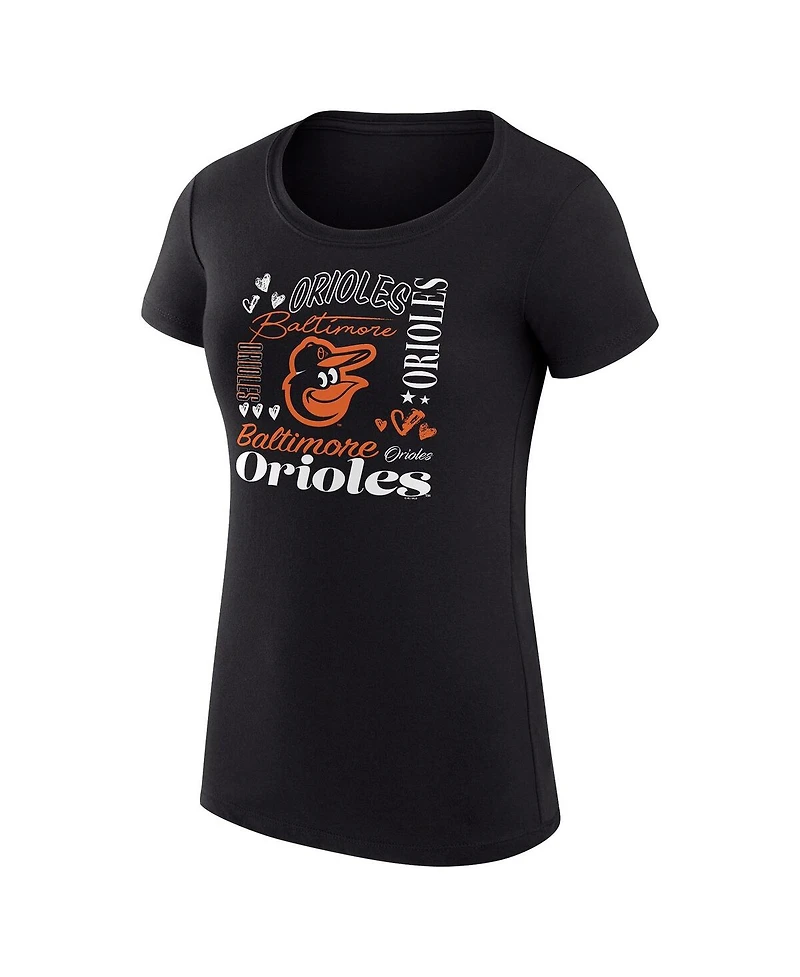 G-iii 4Her by Carl Banks Women's Black Baltimore Orioles Super-Slim Fit Lightweight Collage Team Graphic Crew Neck T-Shirt