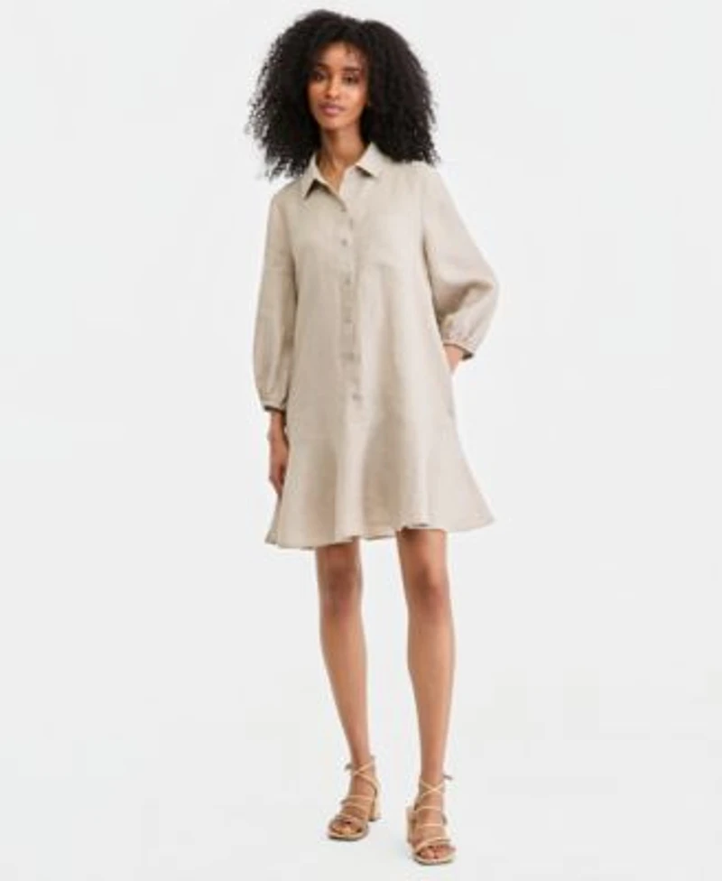 Charter Club Womens 100 Linen Button Front 3 4 Sleeve Dress Created For Macys