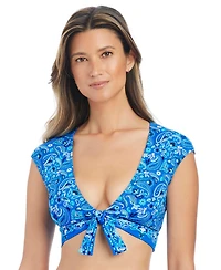 Bleu by Rod Beattie Women's Tie-Front Cap-Sleeve Swim Bikini Top